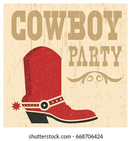 Cowboy party card illustration with cowboy boot and text