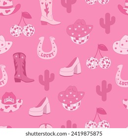 Cowboy party. Disco ball and shoes. Lucky. Seamless pattern. Y2K pink core. Vector