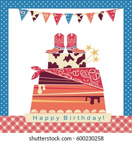 Cowboy party illustration with big cake and cowboy shoes on sweet cake.