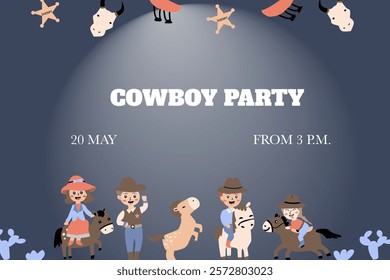 Cowboy party invitation with childish patterns for kids celebration.