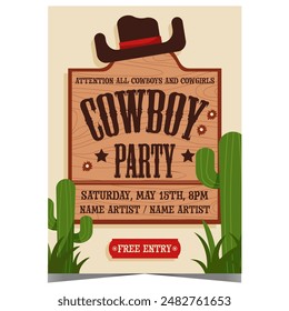 Cowboy party invitation poster or banner with Stetson hat on the bulletin board riddled with bullets. Vector illustration for the western traditional entertainment event, culture show and festival.