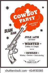 Cowboy party poster design template with revolver. Vector illustration