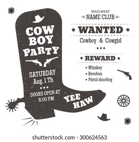 Cowboy Party Poster Or Invitation In Western Style. Cowboy Boots Silhouette With Text. Vector Illustration