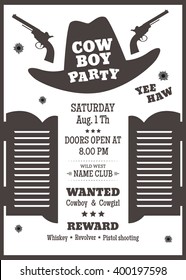 Cowboy Party Poster Or Invitation In Western Style. Cowboy Hat Silhouette With Text. Vector Illustration