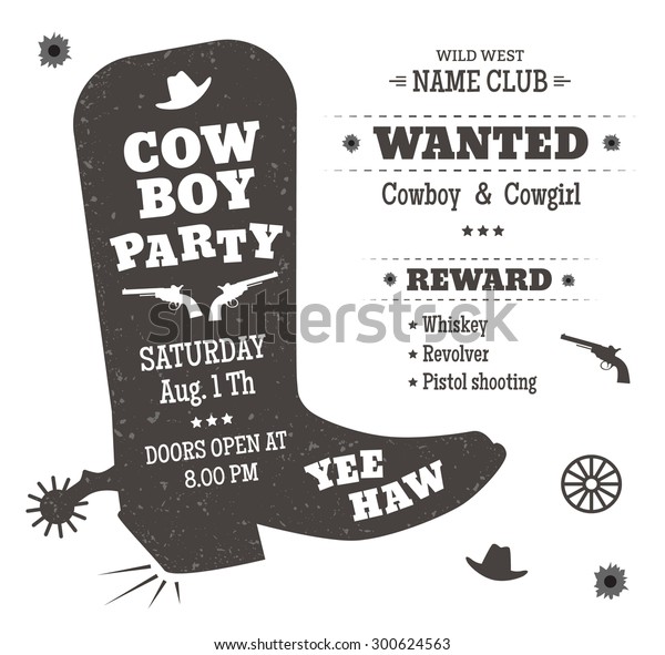 Cowboy party\
poster or invitation in western style. Cowboy boots silhouette with\
text. Vector\
illustration
