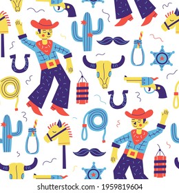 Cowboy party seamless pattern. Child vector background with dancing cowboy, cactus, horse, revolver, lasso, badge, dynamite, horseshoe, bull skull. 