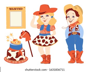 Cowboy Party Set. Cowgirl Birthday Western Elements Set Isolated On White