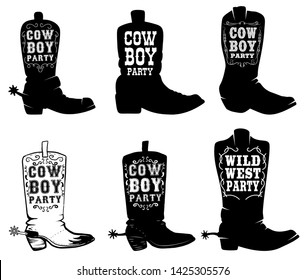 Cowboy party. Set of illustration of cowboy boots with lettering. Design elements for logo, label, sign, poster, t shirt. Vector illustration