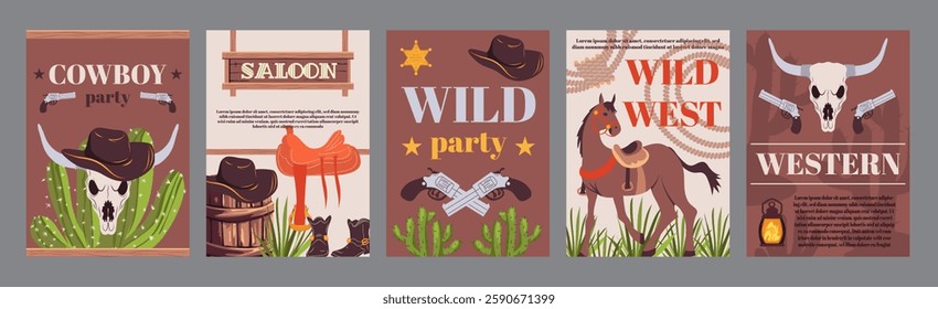 Cowboy party typography template posters. Vertical covers with cow skull, cactus, revolvers, saddle, barrel, horse, other western signs. Modern banners set in minimalism design. Vector illustration.