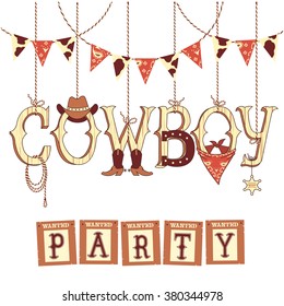 Cowboy party western decoration .Vector symbols with western decoration isolated on white