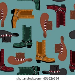 Cowboy pattern. Australian hat and crocodile leather boots. Western clothing and rodeo shoes background
