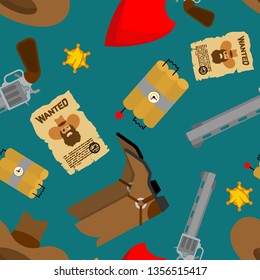 Cowboy pattern seamless. hat and Boots. western background. Wild west shoes and handkerchief. Gun and Sheriff Star