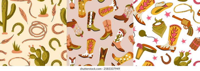 Cowboy pattern. Seamless print of western American traditional Texas elements, cartoon fashion icons of leather boots hats belt and gun. Vector wild west country texture.
