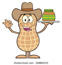 Cowboy Peanut Cartoon Character Holding A Jar Of Peanut Butter. Vector Illustration Isolated On White