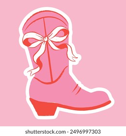 Cowboy pink boot with bow, cowgirl trendy sticker hand drawn sketch doodle