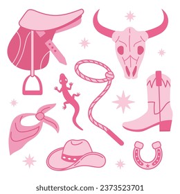 Cowboy Pink core fashion elements collection. Cowgirl boots, hat, horseshoe, cactus and horse saddle. Cowboy western and wild west theme set. Hand drawn vector illustration. Doodle icons