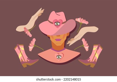  A cowboy in a pink cowboy hat, pink cowboy boots and a pink T-shirt. Flowers around on the background, women's palms hold flowers near the head.There is a heart on the hat and T-shirt, an eye in it.