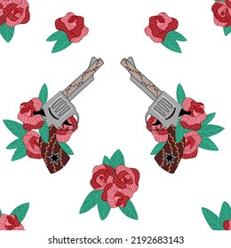 Pistol de vaquero en Roses. Estilo de boho sin inconvenientes.  Ilustración vectorial dibujada a mano.