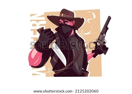 Cowboy with pistol vector illustration. Cowboy in hat and bandana with gun and knife flat style. Wild west and head hunter concept. Isolated on white background