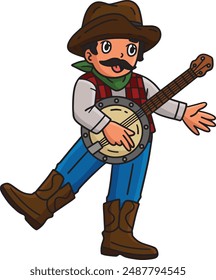 Cowboy Playing Banjo Cartoon Colored Clipart 