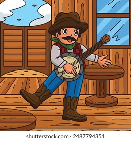 Cowboy Playing Banjo Colored Cartoon Illustration