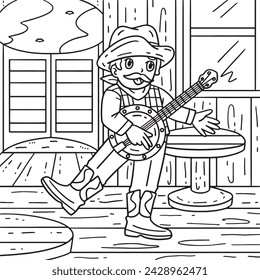 Cowboy Playing Banjo Coloring Page for Kids