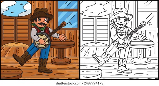 Cowboy Playing Banjo Coloring Page Illustration