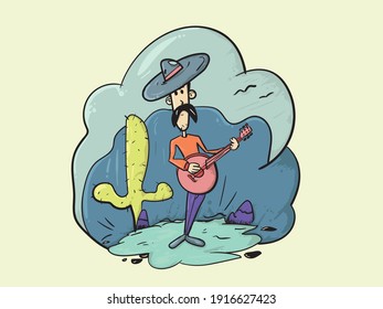 cowboy  playing banjo in desert  with cactus. vector illustration 