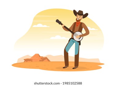 Cowboy Playing Banjo Musical Instrument on Desert Landscape, Wild West Concept Vector Illustration