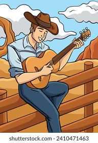 Cowboy Playing Guitar Colored Cartoon Illustration