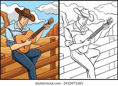 Cowboy Playing Guitar Coloring Page Illustration