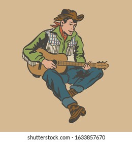 Cowboy Playing Guitar. Vintage Art. Music.