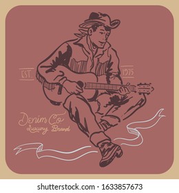 Cowboy Playing Guitar. Vintage Art. Music.