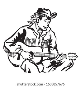 Cowboy Playing Guitar. Vintage Art. Music.
