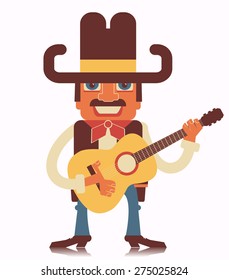 Cowboy playing guitar.Vector country music flat design style illustration isolated on white