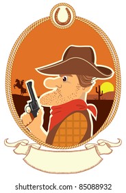 Cowboy portrait in decor rope frame.Vector color cartoons with scroll for text