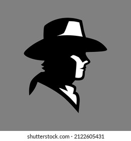 Cowboy portrait side view symbol on gray backdrop. Design element