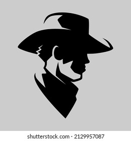 Cowboy portrait side view symbol on gray backdrop. Design element