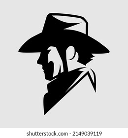 Cowboy portrait side view symbol on gray backdrop. Design element