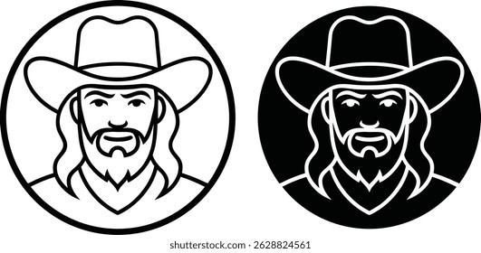 Cowboy portrait vector illustration featuring hat beard and long hair in circular frame