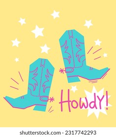 Cowboy poster howdy text with cowboy western boots. Vector cowboy happy birthday card background