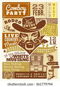  Cowboy poster with saloon and wanted dead or alive symbols flat vector illustration 
