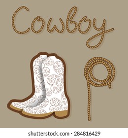 Afiche de vaquero. Fondo del oeste salvaje para tu diseño. Elementos de cowboy definidos.  Boots y soga de lazo sobre fondo marrón