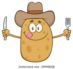 Cowboy Potato Cartoon Character With Knife And Fork. Vector Illustration Isolated On White