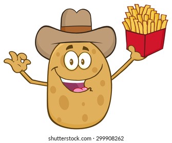 Cowboy Potato Character Gesturing Ok And Holding A French Fries. Vector Illustration Isolated On White