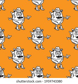 cowboy potato character seamless pattern posing hands shooting