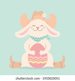 Cowboy rabbit and easter egg. Cute bunny in cowboy western hat and boots hold easter egg. Vector tender color illustration for greeting card background