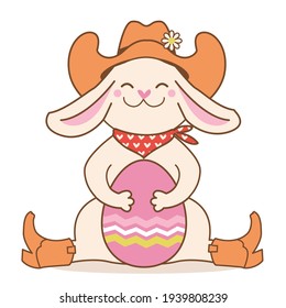 Cowboy rabbit and easter egg. Cute bunny in cowboy western hat and boots hold easter egg. Vector color illustration for card background isolated on white