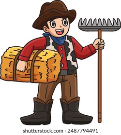 Cowboy with Rake and Hay Cartoon Colored Clipart 