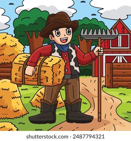 Cowboy with Rake and Hay Colored Cartoon 